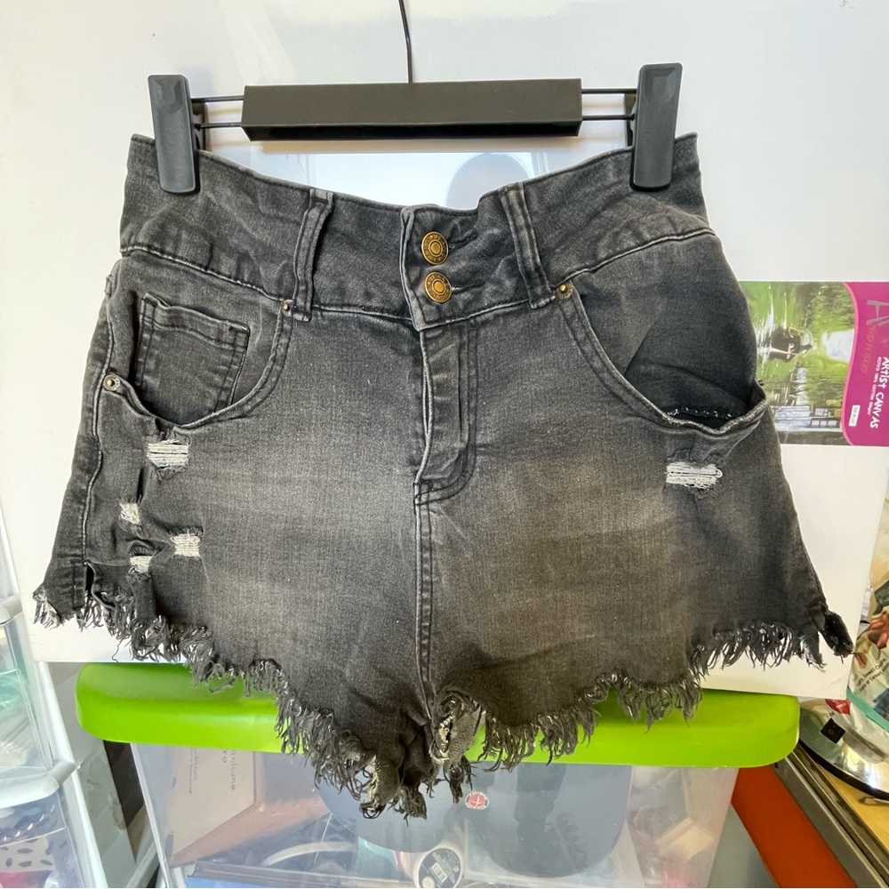 Distressed Black Denim Shorts
